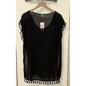 GDKEY Women Size S/M Sheer Swim Suit Cover Up Black Tassels Side Slit Resortwear
